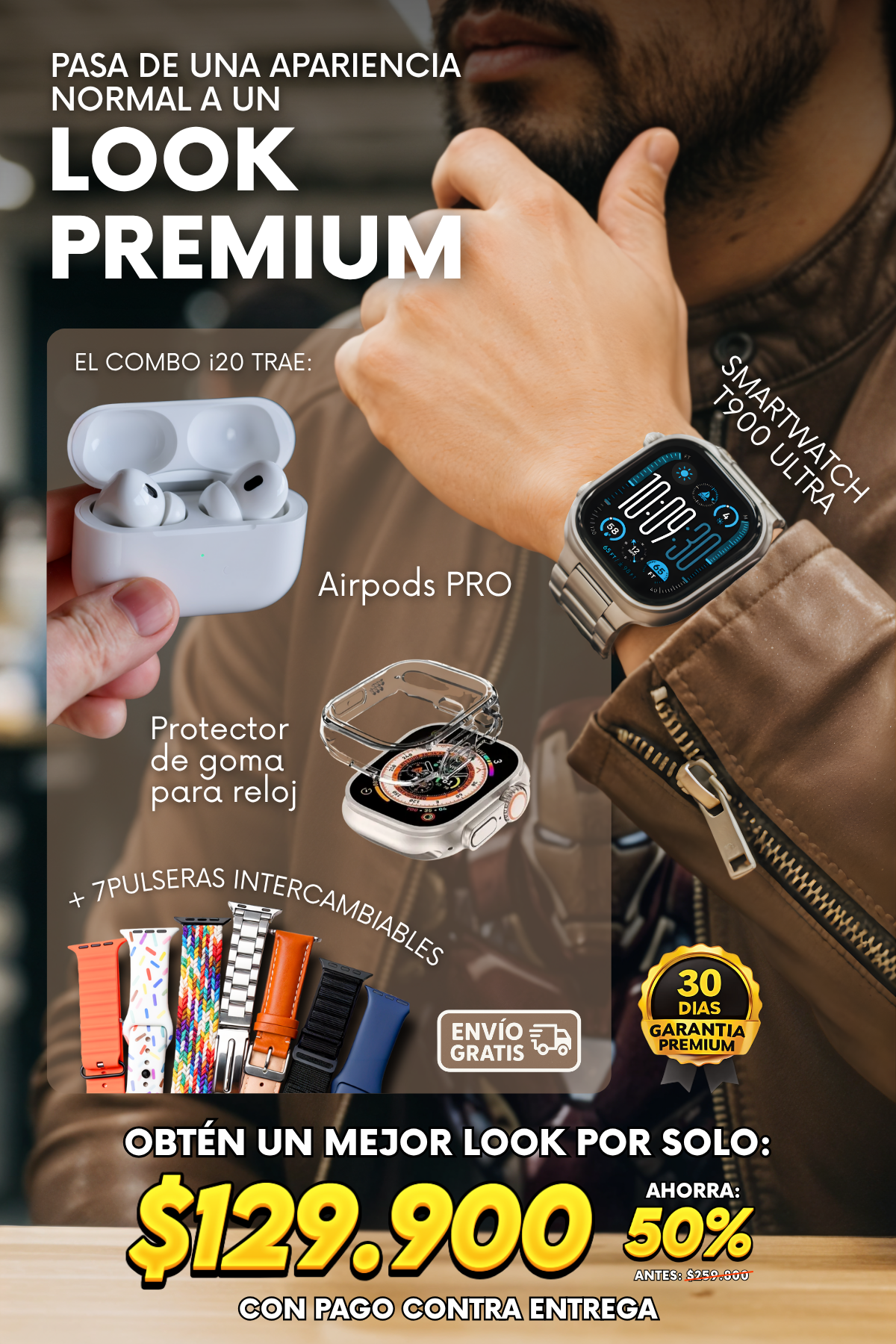 COMBO i20 10X2 SMARTWATCH Y AIRPODS + PROTECTOR DE GOMA Y 7 MANILLAS INTERCAMBIABLES