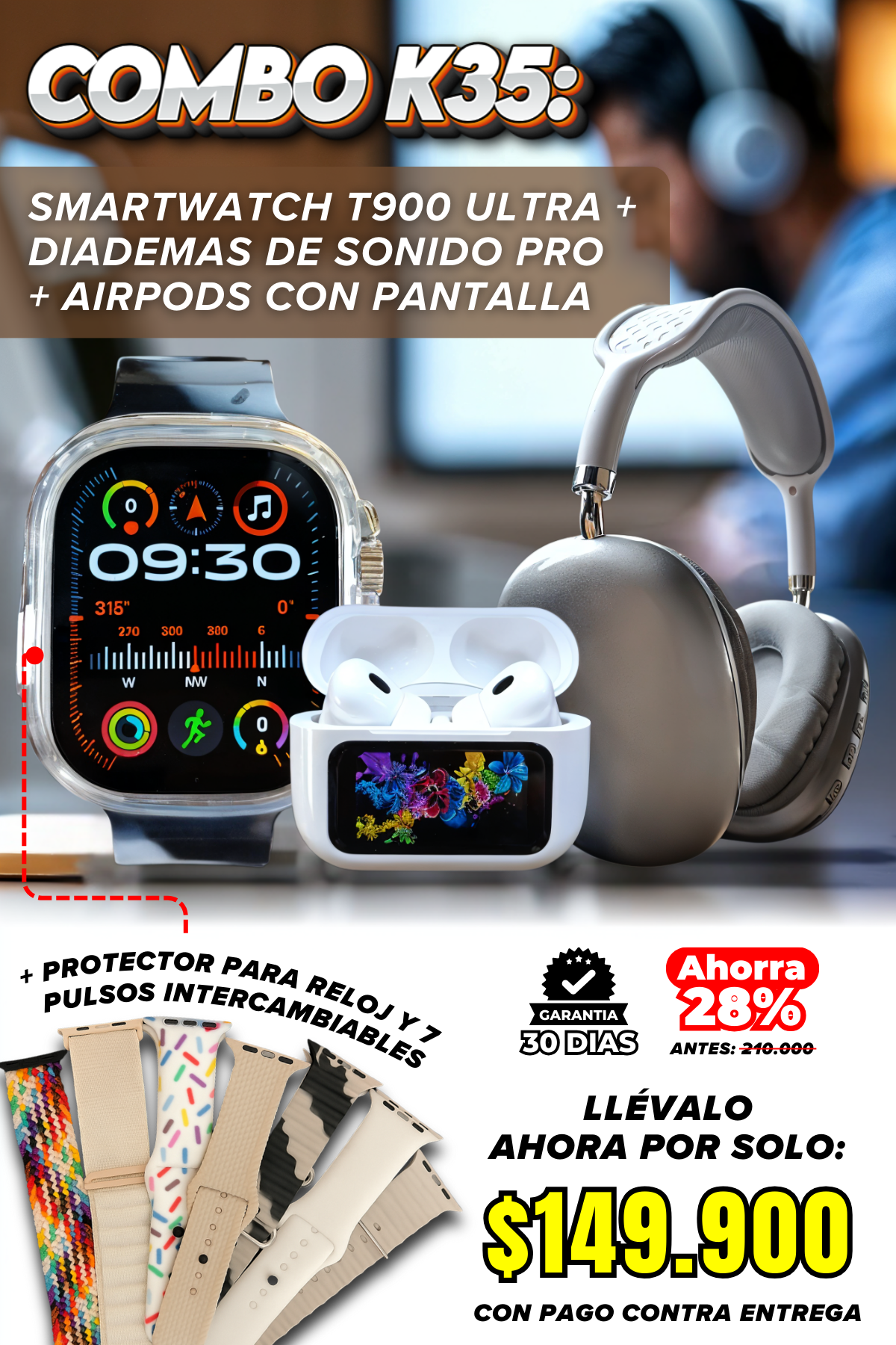 COMBO K35: Diademas de sonido - Smartwatch - Airpods + ACCESORIOS