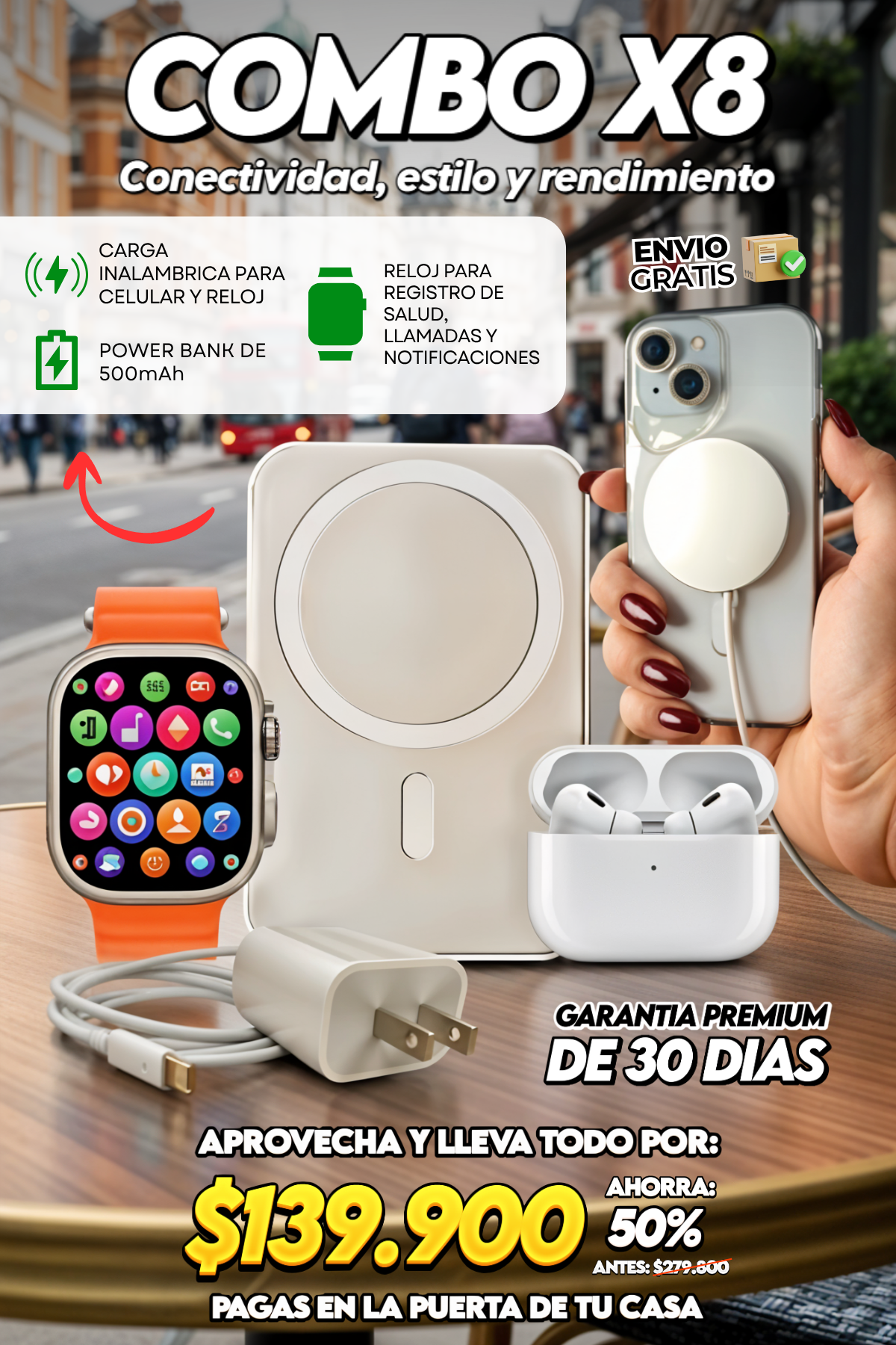COMBO X8: SMARTWATCH + AIRPODS + CENTRO DE CARGA + POWER BANK