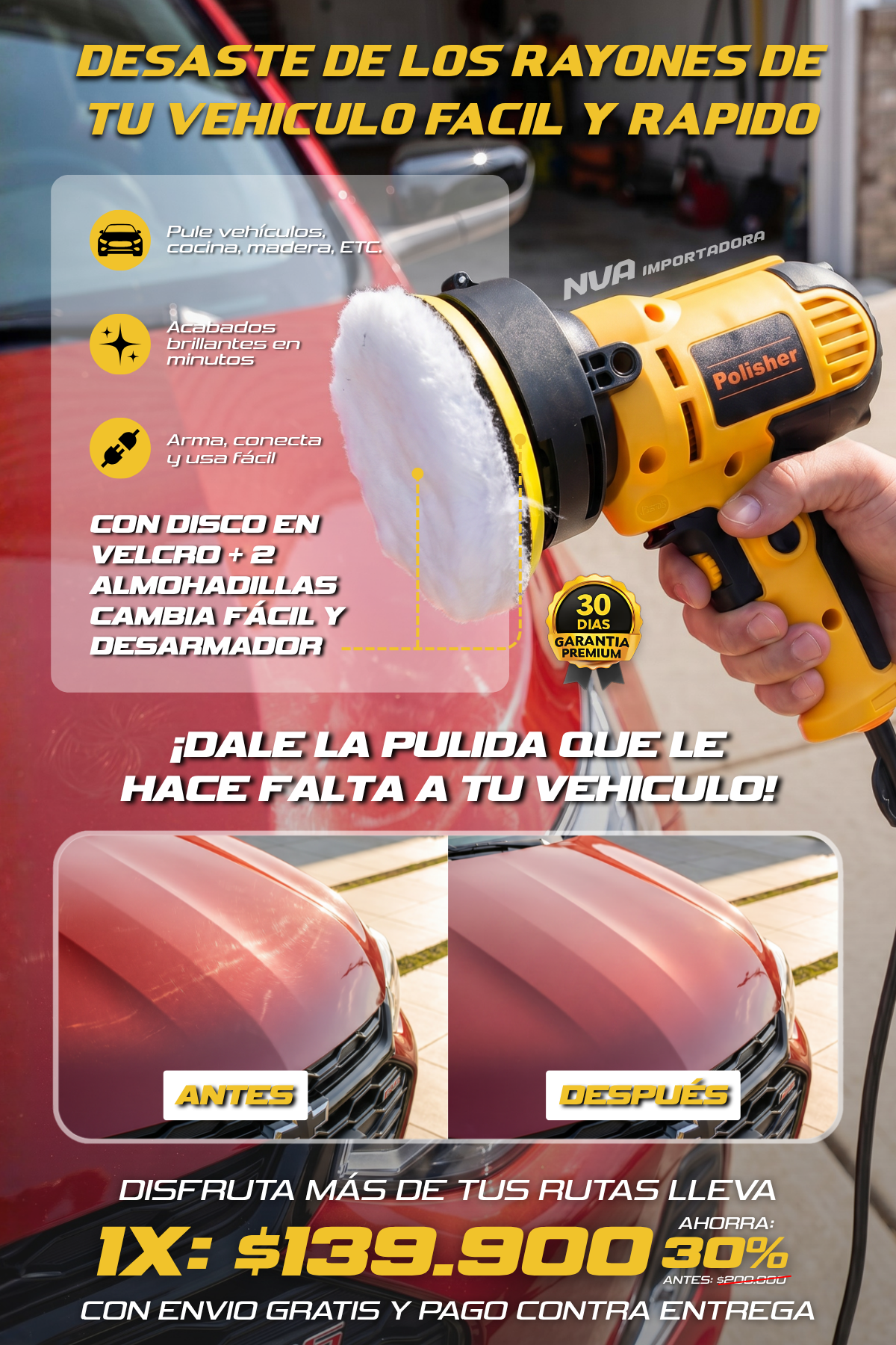 POLISHADORA PORTATIL + 2 DISCOS INTERCAMBIABLES SACA BRILLO