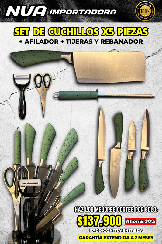 SET DE CUCHILLOS X5 PIEZAS + AFILADOR + TIJERAS Y REBANADOR