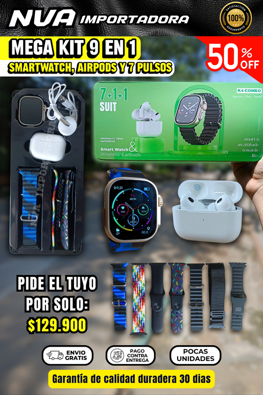 Smartwatch + Airpods y 7 Pulsos MEGA KIT 9 EN 1