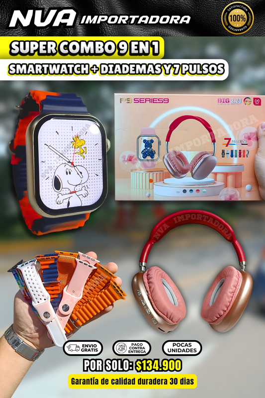 Smartwatch + Diademas y 7 pulsos de regalo SUPER COMBO 9 EN 1