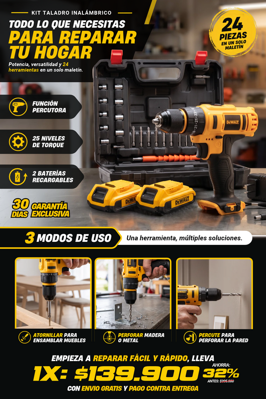 TALADRO INALAMBRICO DEWATL DE 24 PIEZAS